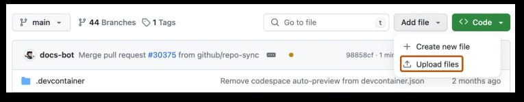 Menú Add file y Upload files en un repositorio de GitHub