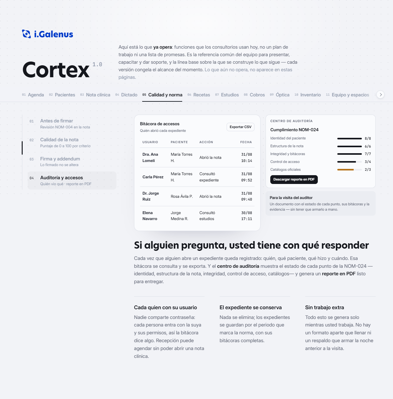 Bitácora de accesos y cumplimiento NOM-024 en Cortex